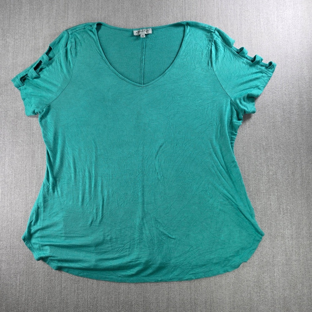 Meera Lane‎ T-Shirt Womens 2X Teal Green Lattice Sleeve V-Neck Slub Knit Top